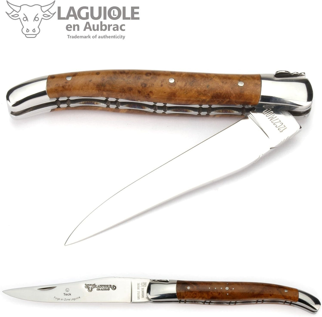 Laguiole en Aubrac Taschenmesser - Teak Maserknolle - 12 cm Doppelplatine - Klinge 10 cm und Backen