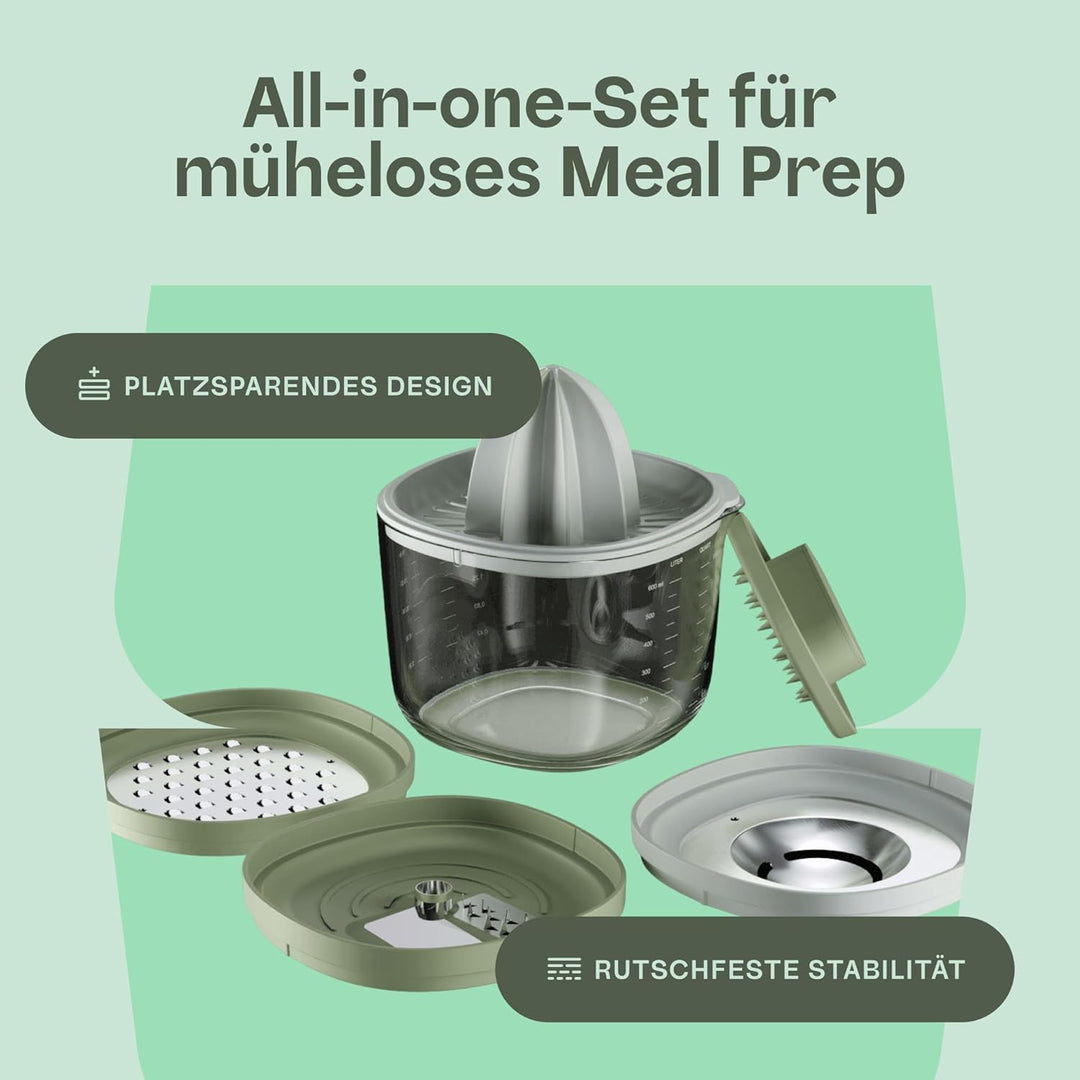 BergHOFF Home Küchenhelfer - 6 in 1 - Messbecher, Eiertrenner, Küchenreibe, Spiralschneider, Zitonen