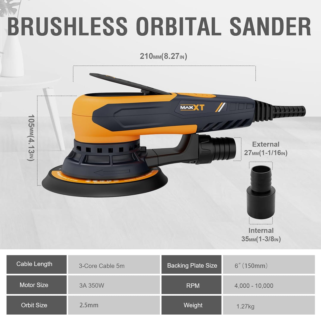 MAXXT 350W bürstenlose Exzenterschleifer mit 2,5 mm, Elektrische Schleifmaschine 150mm 4000-10000 U/