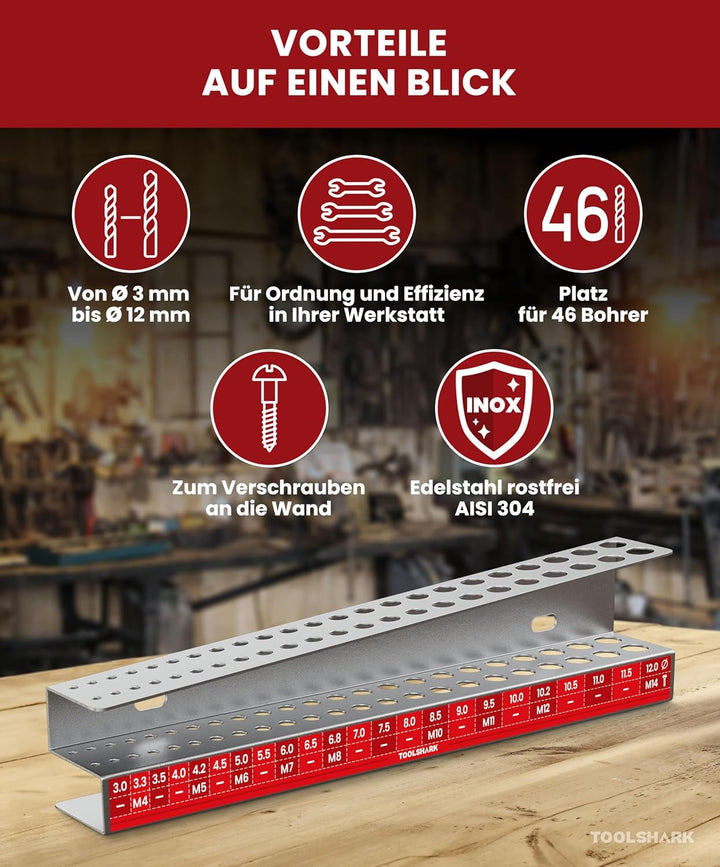 Bohrerhalter leer, aus Edelstahl rostfrei - Organizer für 46 Bohrer zum Verschrauben an die Wand - Z