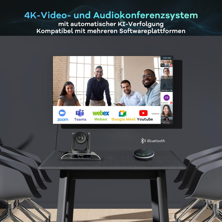 TONGVEO 4K PTZ-Konferenzraum-Kamerasystem, KI-Auto-Tracking 20-facher Zoom 4K PTZ-Kamera USB 3.0 HDM