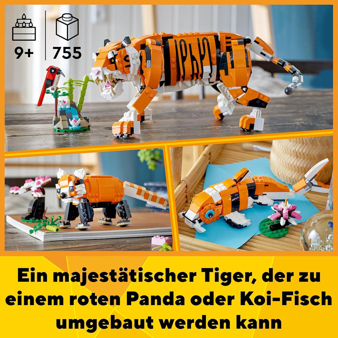 LEGO 31129 Creator Majestätischer Tiger, Panda oder Fisch, 3-in-1 Tierfiguren-Set, Spielzeug für Kin