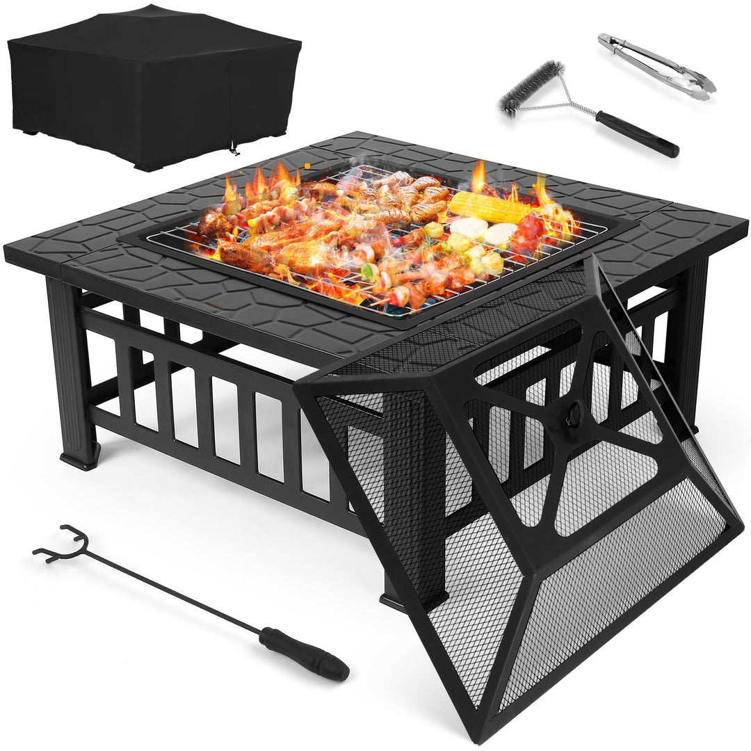 TLSUNNY Feuerschale mit Grillrost 81cm,3 in 1 Feuerstelle mit Funkenschutz,Feuerkorb mit Regenplane,