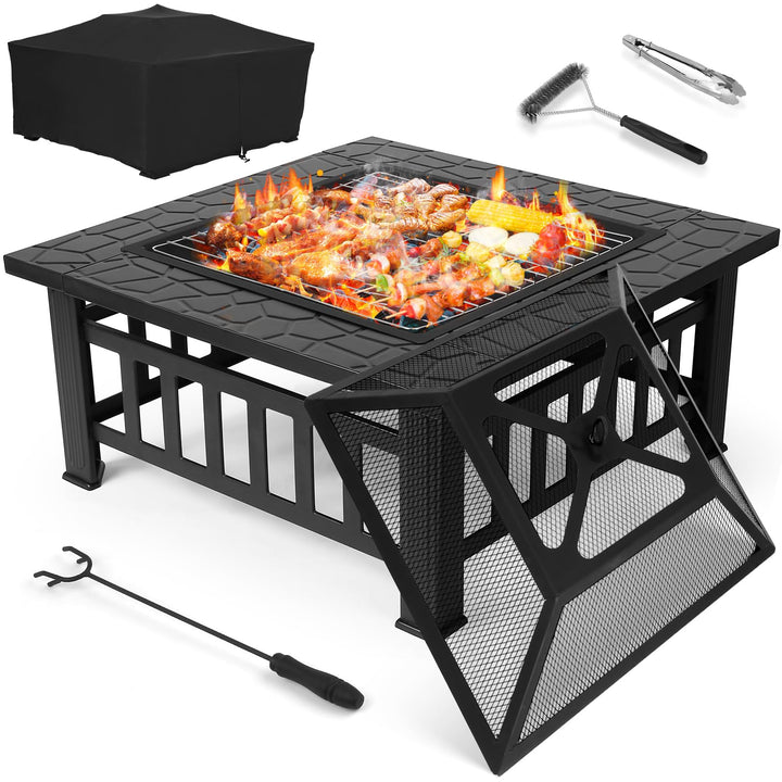 TLSUNNY Feuerschale mit Grillrost 81cm,3 in 1 Feuerstelle mit Funkenschutz,Feuerkorb mit Regenplane,