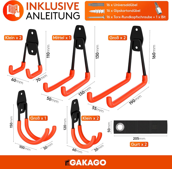 Gakago Gerätehalter Wandhalterung – 10er Garagenhaken Set inkl. Dübel, Schrauben & Anleitung – Werkz
