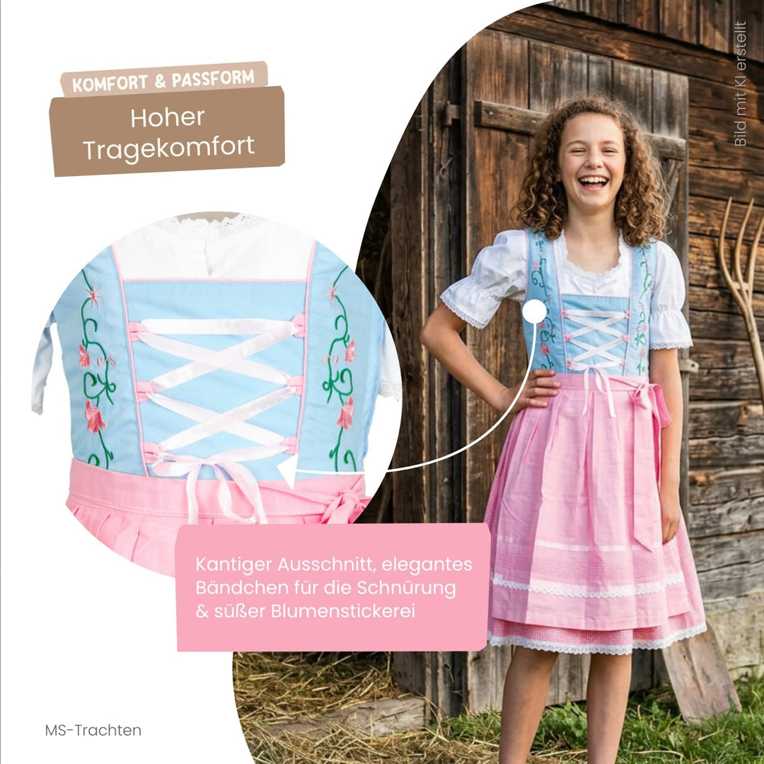 MS-Trachten Kinder Dirndl Kinderdirndl Trachtenkleid Elise rosa hellblau pastell 3 teilig 104 Hellro
