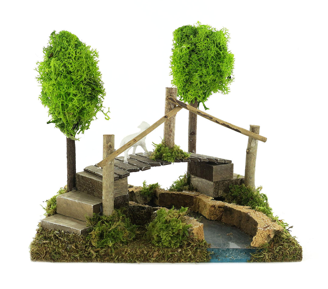 Ferrari & Arrighetti Fluss mit Fussbrücke und Bäumen, Holz, Mehrfarbig, Einheitsgrösse