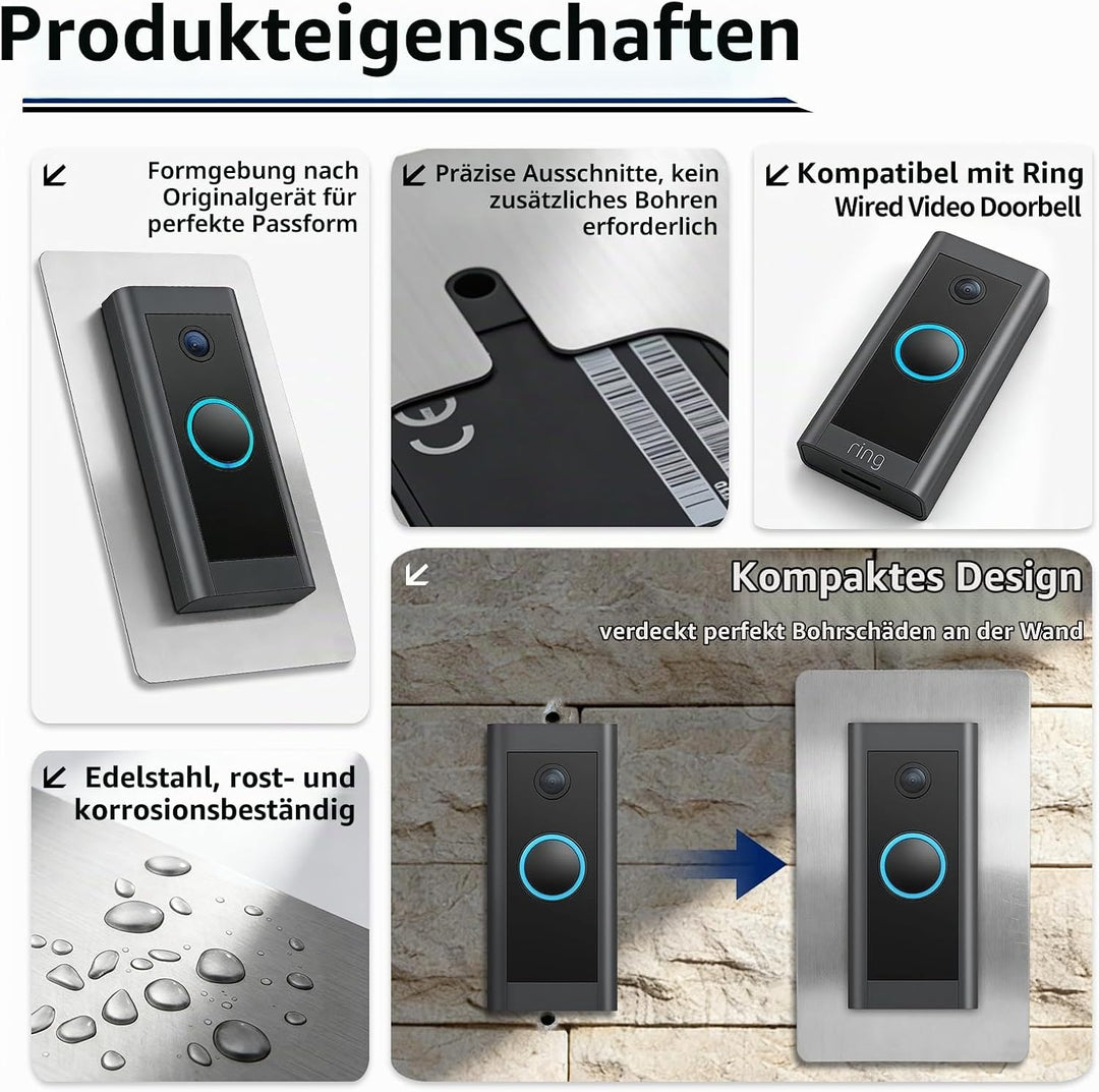 Blende Edelstahl für Ring Doorbell Wired - Wandplatte für Ring Video Türklingel Wired, Halterung Zub