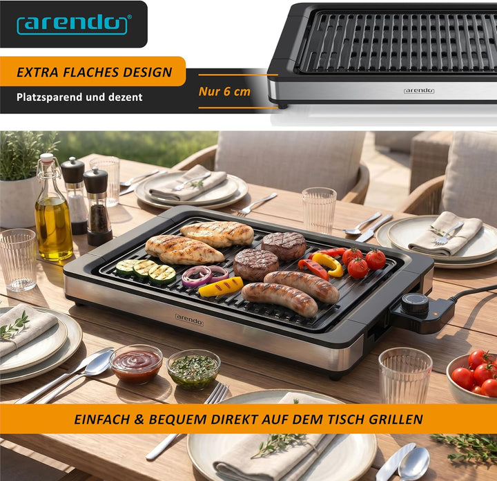 Arendo - Tischgrill Elektrogrill Edelstahl - bis 250 Grad - Steaks, Würstchen, Fisch, Meeresfrüchte,
