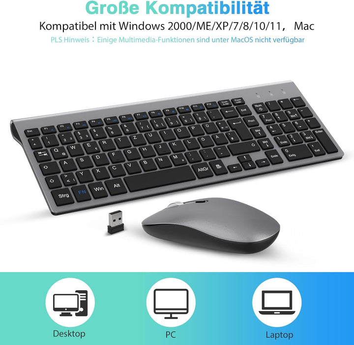 cimetech Tastatur Maus Set Kabellos, 2.4G Ultraslim Tragbare Funktastatur mit Maus Tastatur QWERTZ L