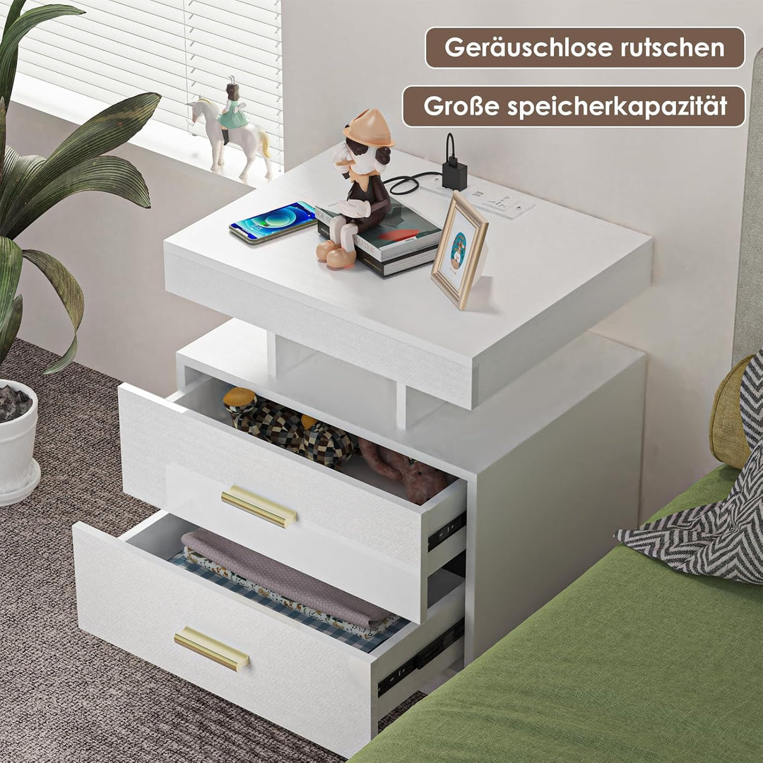 PIPIPOXER Nachttisch mit LED Licht,Nachtschrank mit Steckdose und Ladefunktion,Nachschrank mit 2 Sch