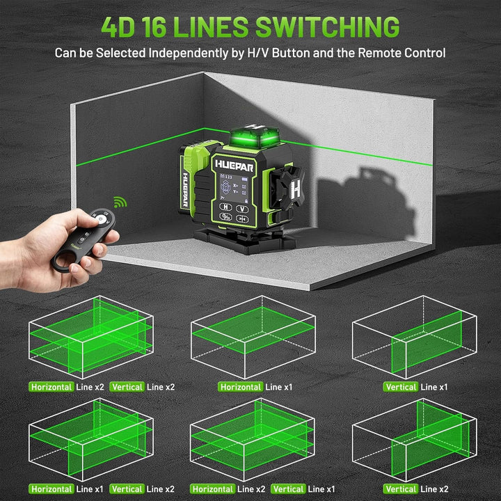 Huepar 2024 New Edition W04CG 4D Laser-Wasserwaage, LCD-Display Laser-Wasserwaage mit drehbarer Moto