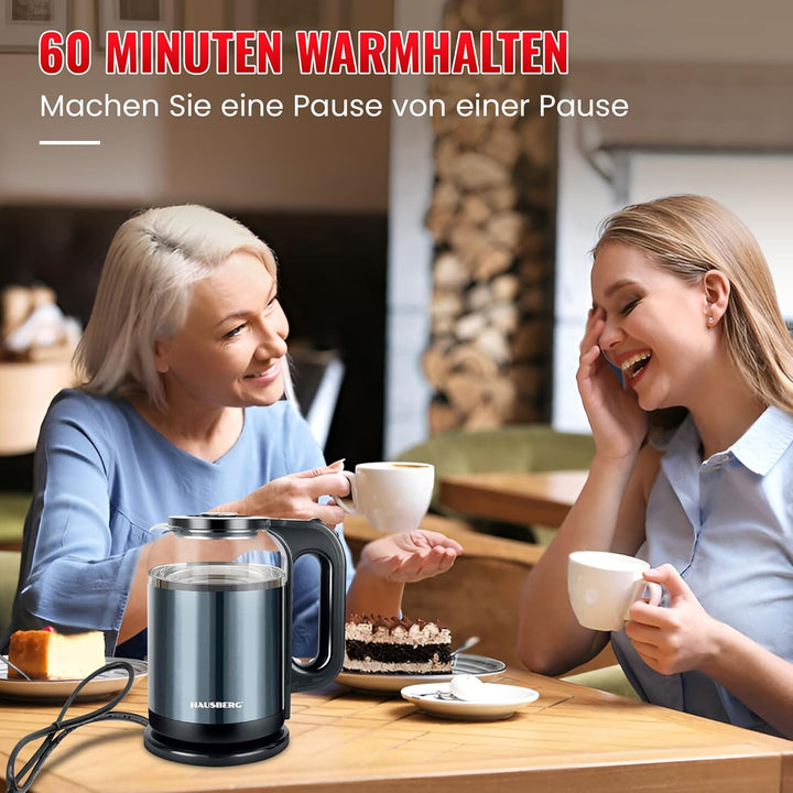 Wasserkocher 2L – Edelstahl & Glas – 1800W, Kabellos, mit LED-Beleuchtung – Automatische Abschaltung