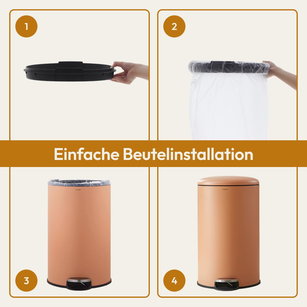 CASABEL Mülleimer Küche 30L - 100% Edelstahl, Resistent gegen Fingerabdrücke, Runder Treteimer mit F
