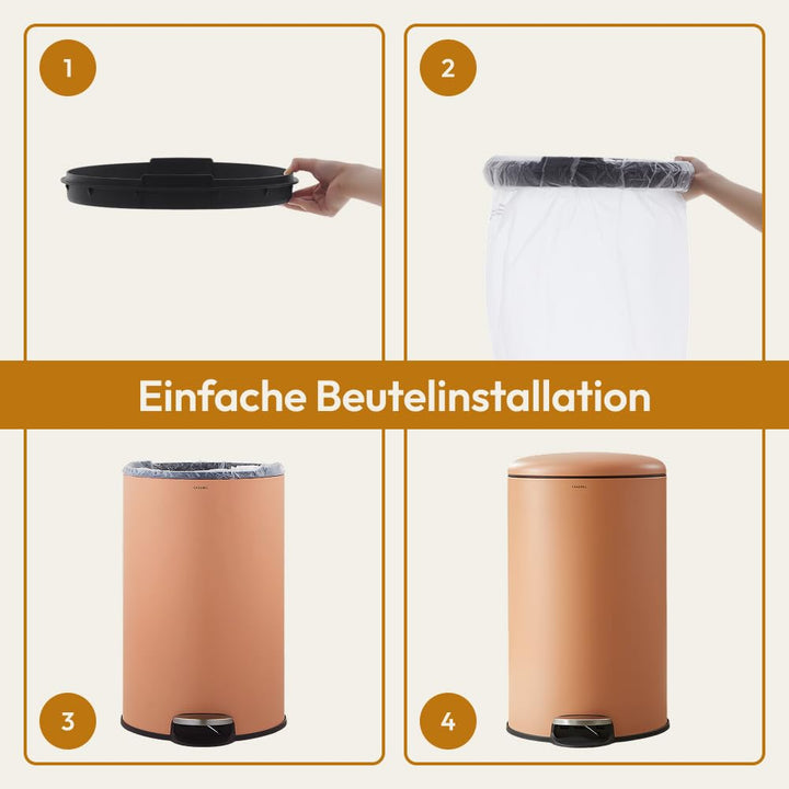 CASABEL Mülleimer Küche 30L - 100% Edelstahl, Resistent gegen Fingerabdrücke, Runder Treteimer mit F