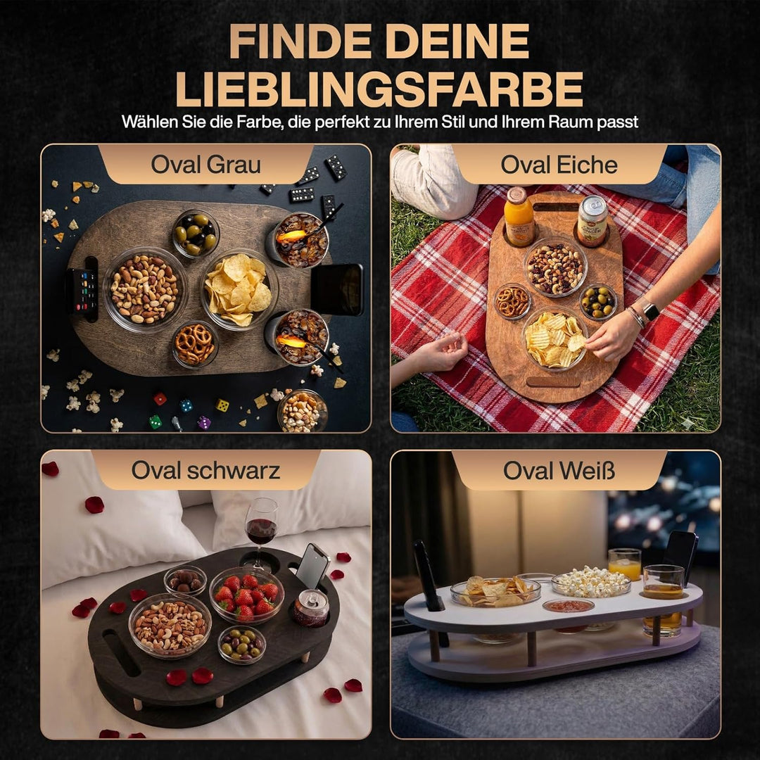 Couchbar Snackbox in Eiche mit 4 Glasschalen PERSONALISIERBAR Sofabar für Snacks und Getränke - Couc