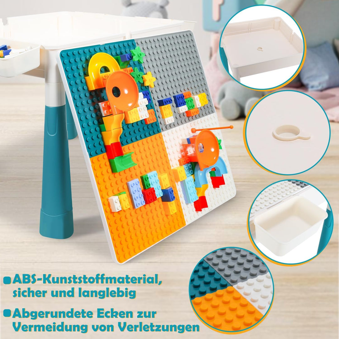 Kindertisch mit 2 stühlen mit Stauraum & 251 Bausteinen,Kinder Tisch Stuhl Set, 4-in-1 Multifunktion