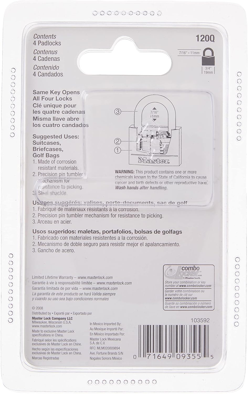 Master Lock Vorhängeschloss, massives Messing, 1,9 cm breit, 120Q (4 gleichschliessend) 4 Pack, 4 Pa