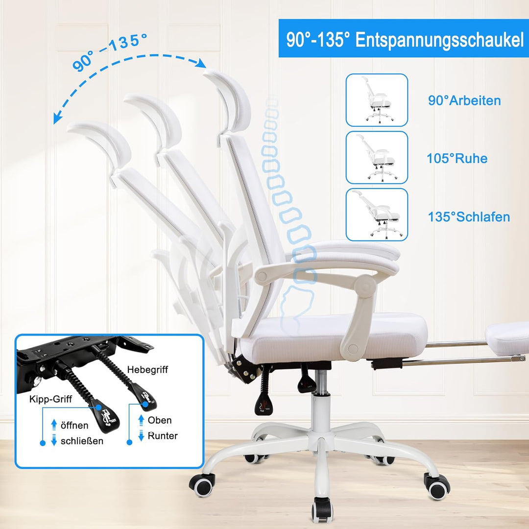UEV Ergonomisch Bürostuhl aus Mesh, Schreibtischstuhl mit Fussstütze, Weiss | Drehstuhl mit verstell