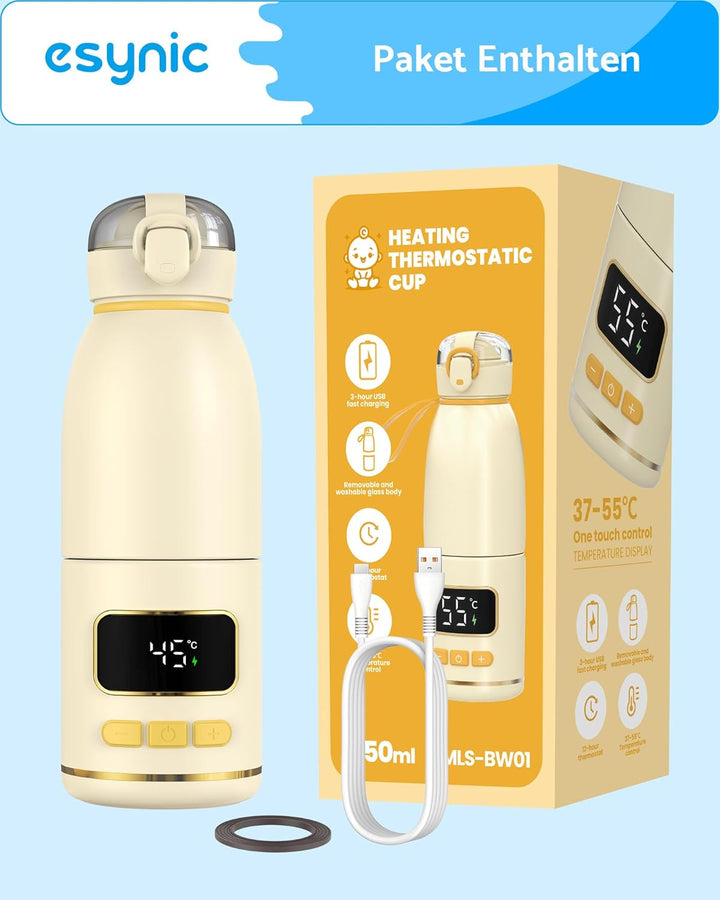 eSynic Babyflaschenwärmer 450ml Kapazität 15000mAh Akku Tragbarer Flaschenwärmer Edelstahl 316 Schne