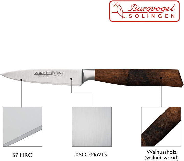 Burgvogel Solingen Juglans Line Spickmesser Walnussholz 10 cm, rostfrei, Officemesser scharf geschmi