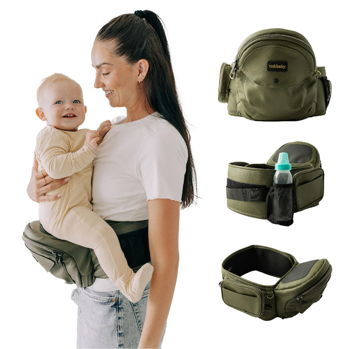 Tushbaby Baby Hüfttrage | Ergonomischer Hüftsitz Baby | Olive | Babytrage Seitlich für komfortables