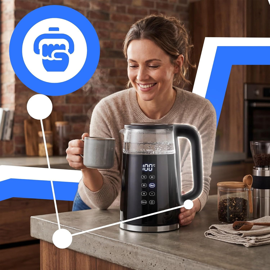 Retoo Glas Wasserkocher 1.7L mit Temperatureinstellung Elektrisch, 2200W, BPA-frei, 70–100°C, Touch-