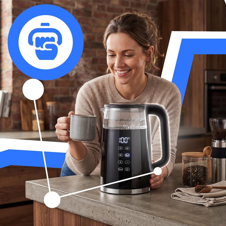 Retoo Glas Wasserkocher 1.7L mit Temperatureinstellung Elektrisch, 2200W, BPA-frei, 70–100°C, Touch-