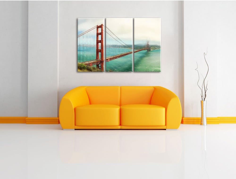 Pixxprint Golden Gate Bridge / 3-Teilig/Gesamtmass 120cm Leinwandbild bespannt auf Holzrahmen/Wandbi