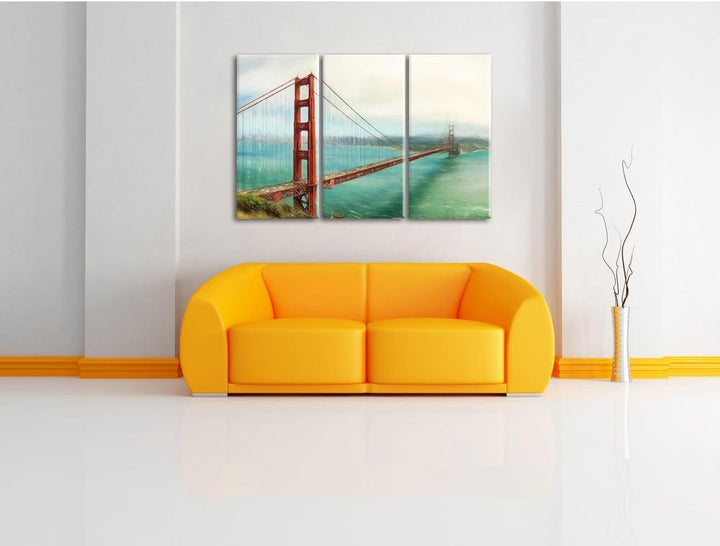 Pixxprint Golden Gate Bridge / 3-Teilig/Gesamtmass 120cm Leinwandbild bespannt auf Holzrahmen/Wandbi