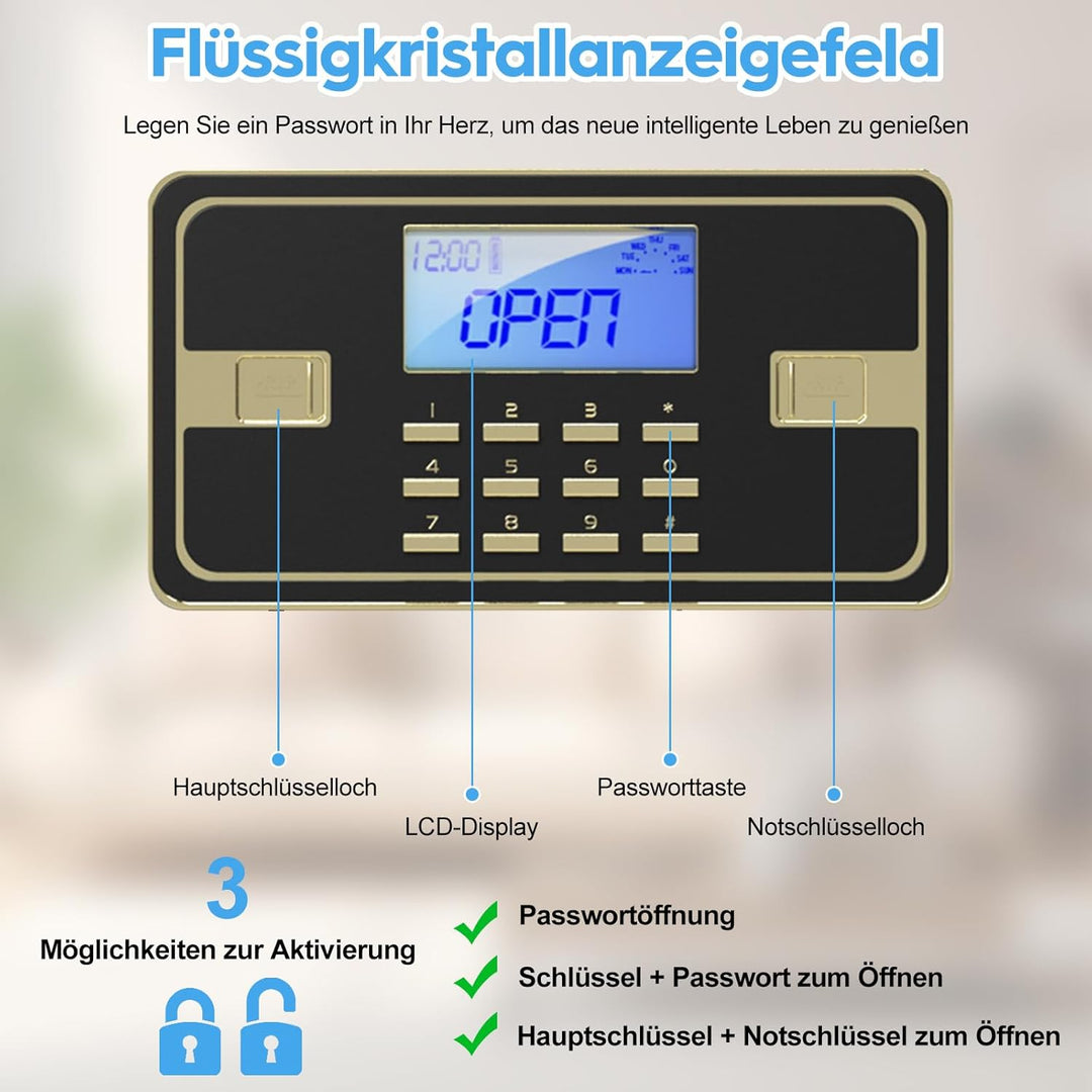 Tresor Safe mit Schlüssel,Zahlenschloss,28L,Digitaler Heimtresor mit Alarmanlage, Digital Geldkasset