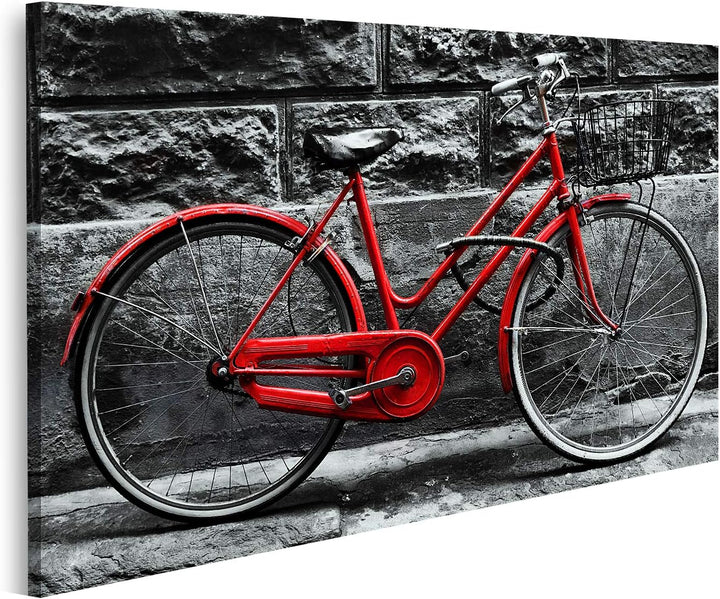 islandburner Bild auf Leinwand Retro Vintage Rotes Fahrrad Vor Schwarz Weisser Wand Bilder Wandbilde