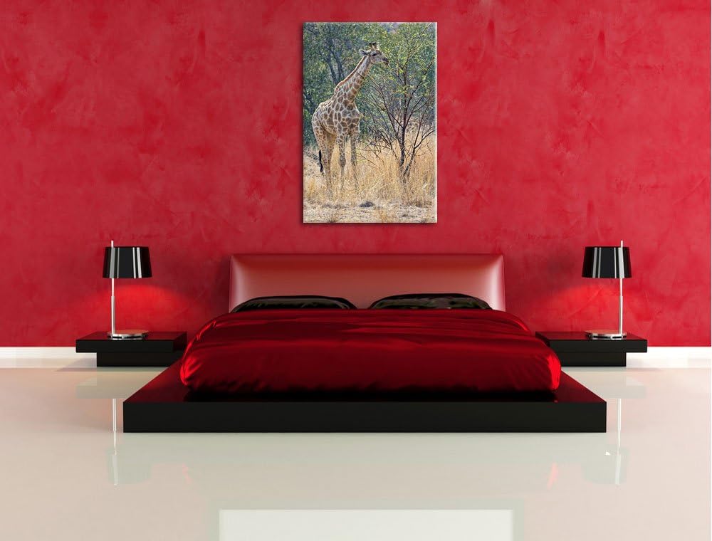 Pixxprint Giraffe beim Fressen auf Leinwand, XXL riesige Bilder fertig gerahmt mit Keilrahmen, Kunst