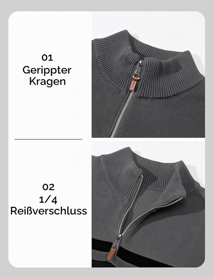 MAGCOMSEN Herren Strickpullover Stehkragen 1/4 Zip Pullover Gestreift Sweater Baumwolle Langarm Swea