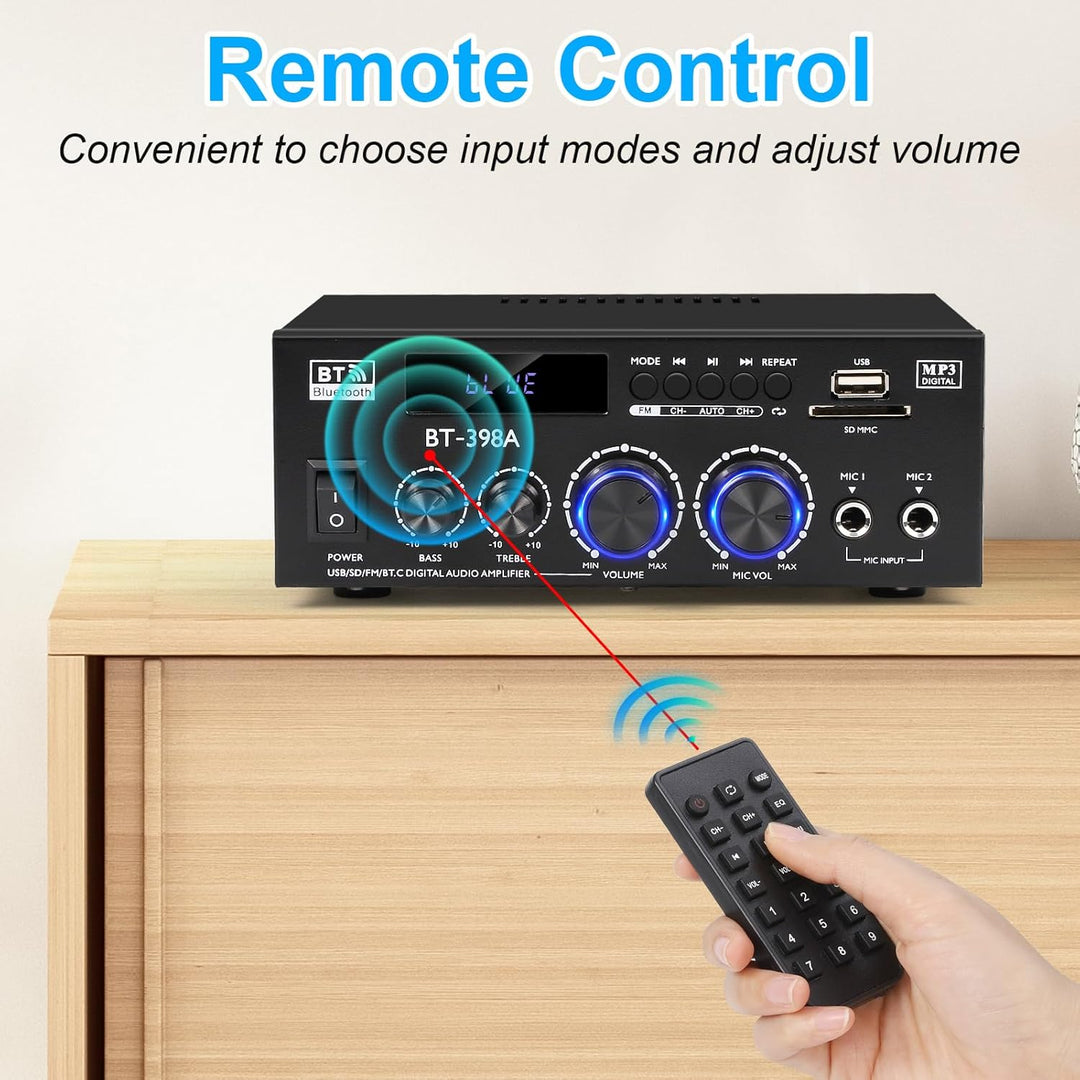 HiFi Stereo Verstärker, 450Wx2, 2-Kanal Mini Bluetooth Verstärker mit w/UKW-Radio, USB/SD, optischen