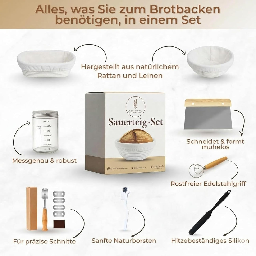 Sauerteig Starter Set 8-Teilig mit Gärkörbchen Rund und Oval, Gärkorb Glasgefäss und Brot Backen Zub