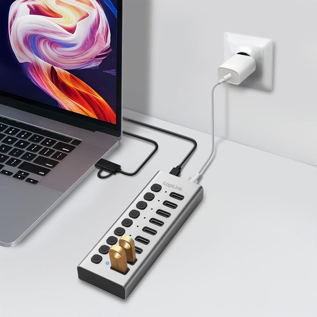 LogiLink UA0448 - USB 3.2 Gen1 Hub mit 10-Ports und Kabel/Adapter, USB Typ A und USB Typ C, EIN-/Aus