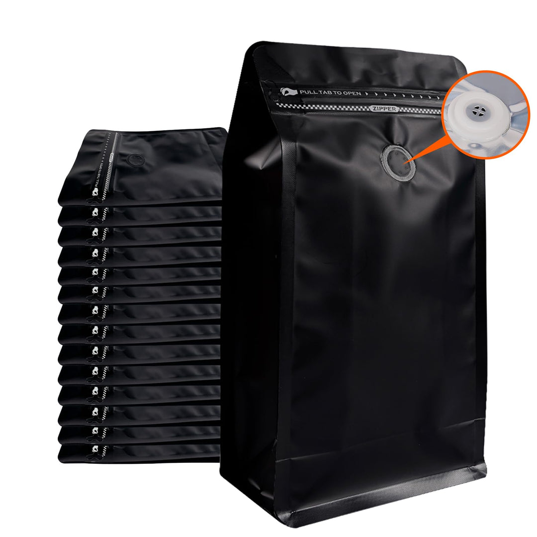 Kaffeebeutel mit Ventil (50 Stück, 453 g/0,5 kg), schwarze Aluminiumfolie, flacher Boden, stehende K