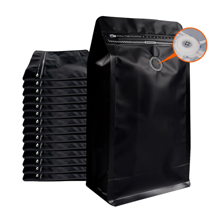 Kaffeebeutel mit Ventil (50 Stück, 453 g/0,5 kg), schwarze Aluminiumfolie, flacher Boden, stehende K