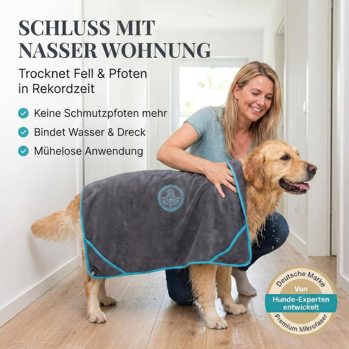HUND IST KÖNIG® Hundehandtuch extra saugfähig - Hunde Handtuch saugstark aus Mikrofaser mit 4 Eingri