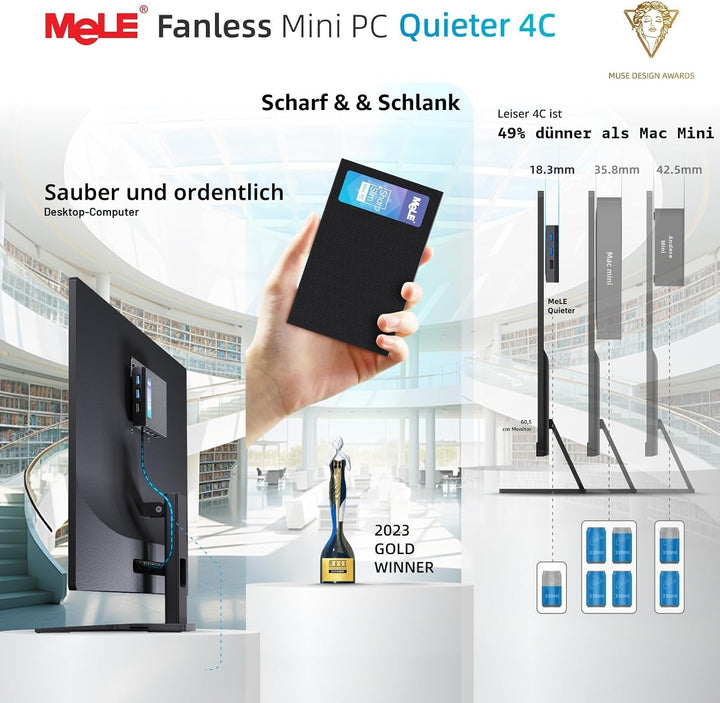 MeLE Quieter4C Lüfterloser Mini PC 8GB DDR4 128GB ROM Micro PC Twin Lake N150(bis zu 3.6GHz) USB-C 2