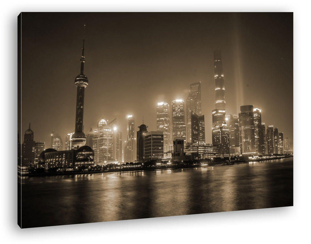 deyoli atemberaubende Shanghai Skyline Format: 80x60 Effekt: Sepia als Leinwandbild, Motiv fertig ge