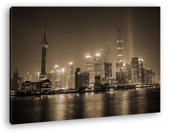 deyoli atemberaubende Shanghai Skyline Format: 80x60 Effekt: Sepia als Leinwandbild, Motiv fertig ge