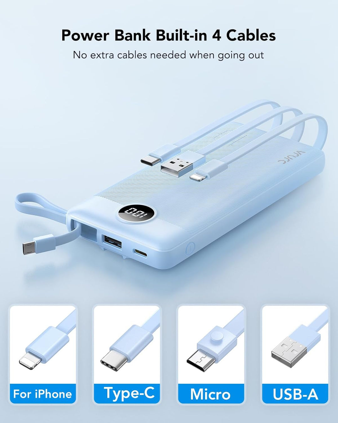 VRURC Powerbank 10000mAh mit Kabel, Power Bank Tragbares Ladegerät USB C Externer Handyakkus LED Dis
