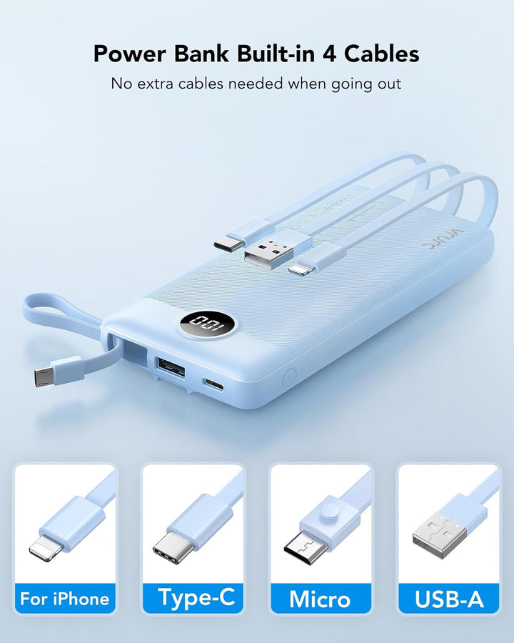 VRURC Powerbank 10000mAh mit Kabel, Power Bank Tragbares Ladegerät USB C Externer Handyakkus LED Dis