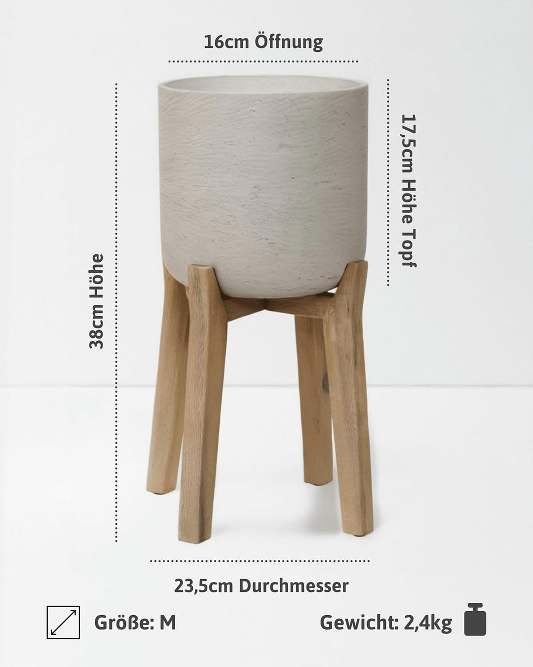 Finestgreen Charlie Feet High | Handgefertigtes Pflanzgefäss auf Holzfüssen (M Ø:23,5 H:38 cm, Grau)