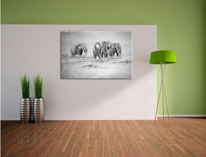 Pixxprint Afrikanische Elefanten in Südafrika Kunst Kohle Effekt, Format: 100x70 auf Leinwand, XXL r