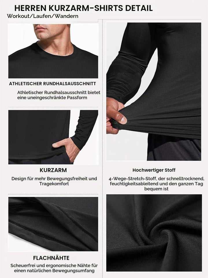 Herren 3er Pack Langarmshirt T-Shirts, UPF 50+ UV Schutz Schnelltrocknend Funktionsshirt Laufshirts,