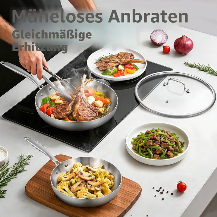 Inqibee Edelstahlpfanne Bratpfannenset Unbeschichtet 22 cm & 26 cm mit Deckel - Pfannenset Edelstahl