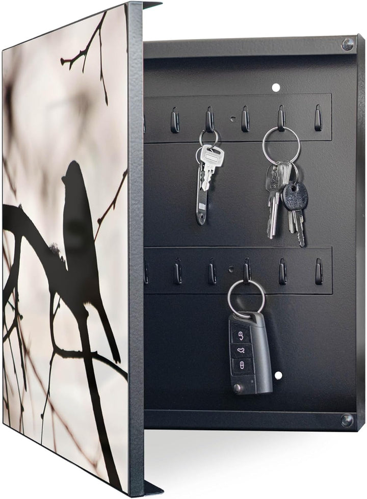 banjado® Grosser Schlüsselkasten Glas/Schlüsselbox 30cm x 30cm mit 50 Haken - Motiv Früher Vogel/Sch